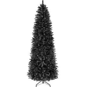 Best Choice Products Unlit Slim Pencil Christmas Tree Collection – 4.5ft to 12ft, Spruce, Black & White with Metal Base
