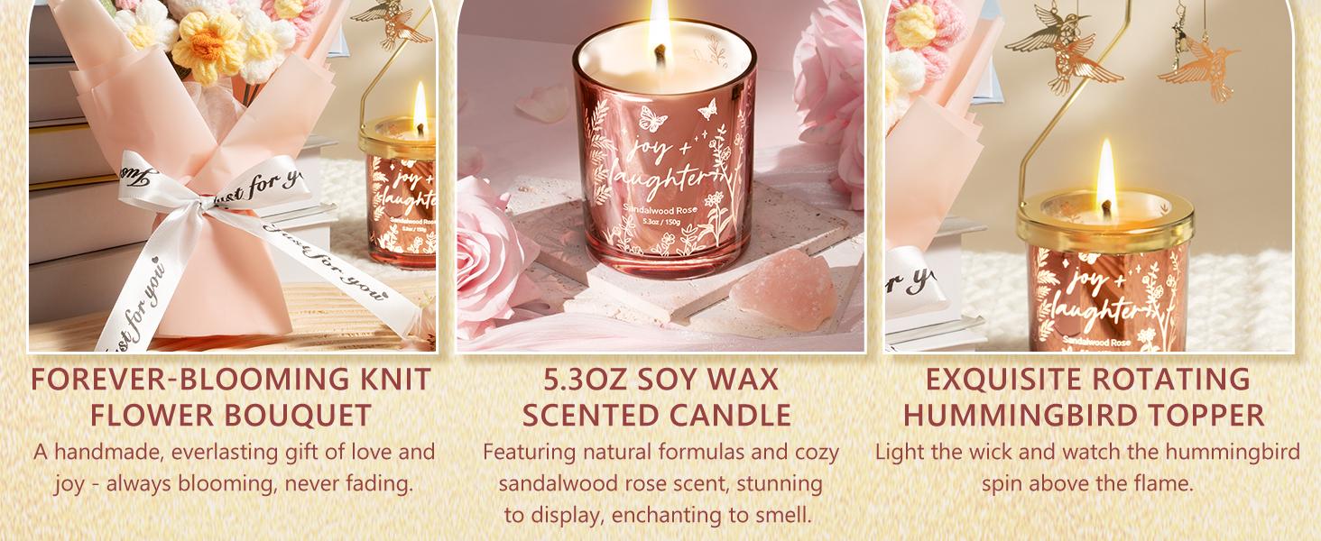 Mayicivo Valentine's Day Gifts for Women Mom Friend Sister, Unique Birthday Gifts for Women Girlfriend Wife Daughter, Christmas Candles Hummingbird Rotating Scented Candles Set for Woman with Crochet Flower Bouquet