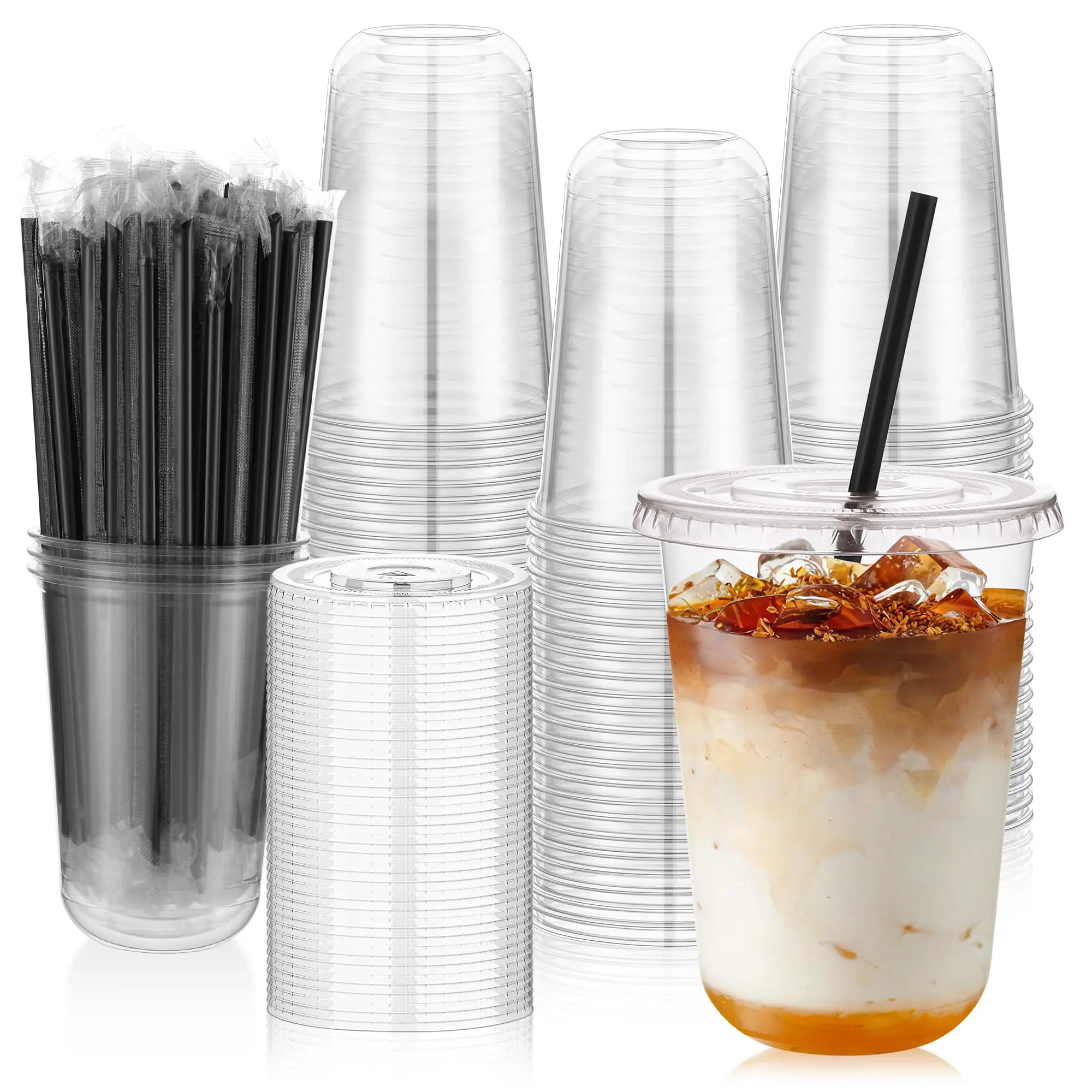 100 Pack 16oz Clear Disposable Plastic Cups With Lids Straws Round Bottom Cold Drink To Go Cups For Iced Coffee Smoothie Bar Party Shop
