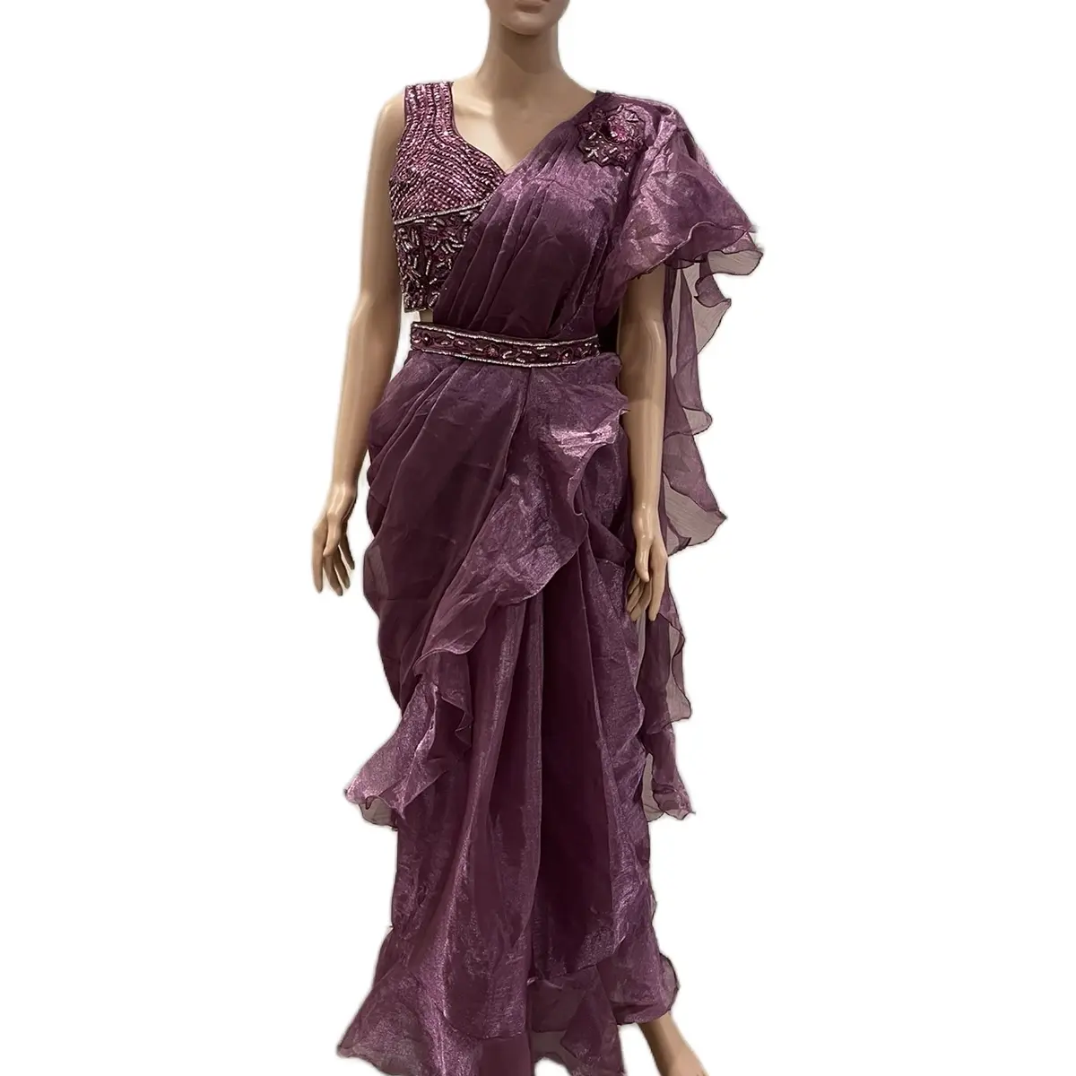 Women's Pre-Draped Ready-to-Wear Traditional Saree Dress - Fitted, Elegant Style, Matching Blouse & Belt, Ruffle Accents, Lightweight Tissue Fabric, Hand-Embroidery, 38in Bust, Formal & Casual Wear