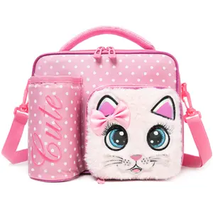 Pink Cat Insulated Lunch Bag with Padded Liner for Kids Reusable Girls' Tote Bag with Water Bottle Pocket Portable Thermal Container for Work School Picnic supply Cute Bento Bags
