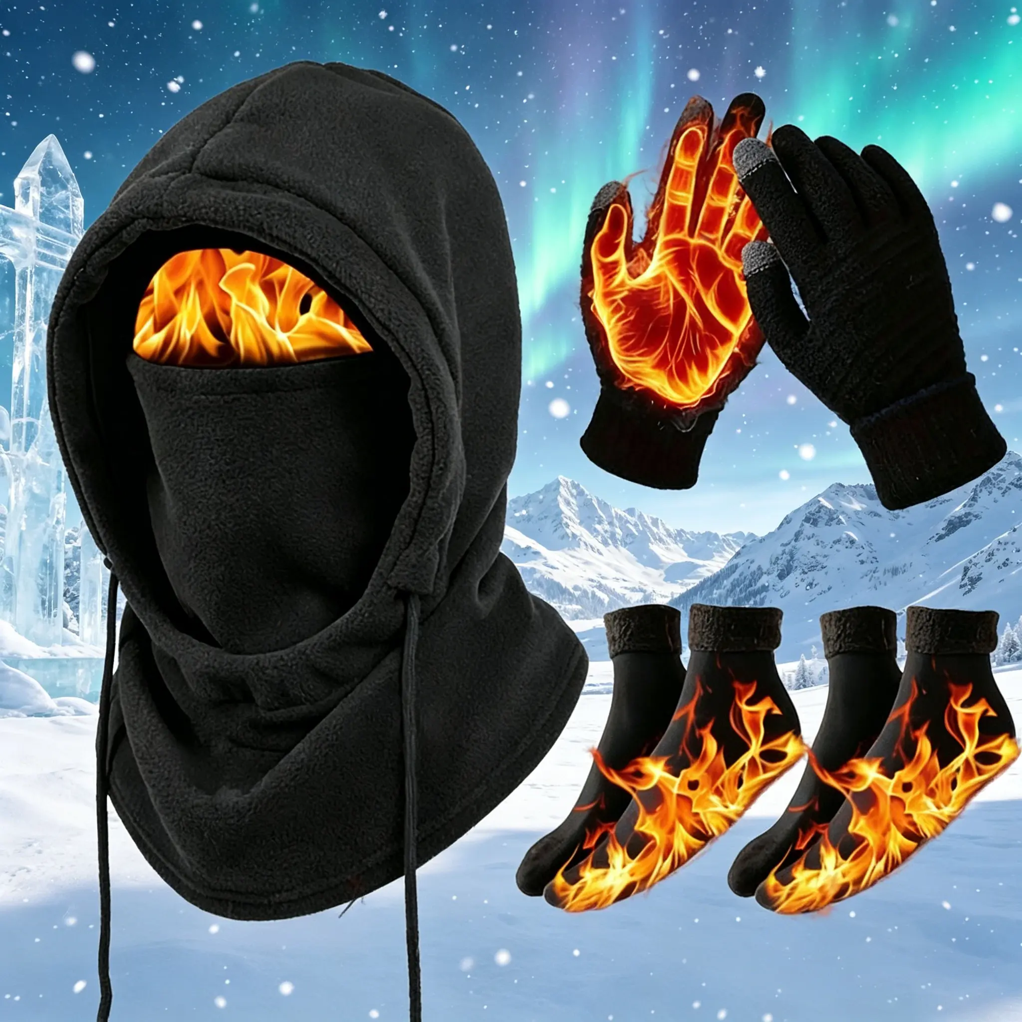 Unisex Adult 3-4 Piece Winter Warm Sports Gear Set - Windproof Ski Mask Hooded Jacket, Gloves, Thermal Socks - Extreme Cold Skiing, Cycling Gear - Hand Washable Holiday Gift