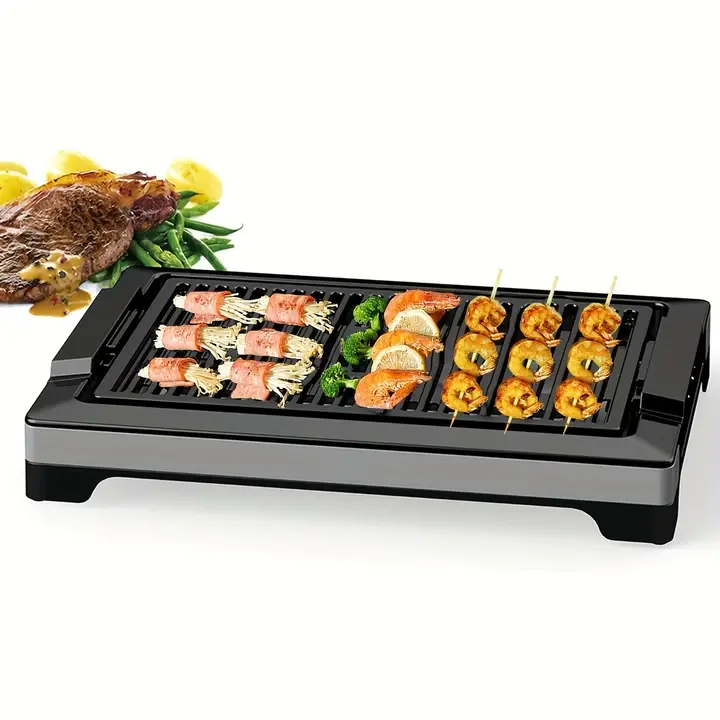 Electric Smokeless Indoor Grill & Griddle - Heatable, Anti-Adherent Portable Gasless Barbecue, Non-Stick Surface, Fast Heat-Up, 5-Level Adjustable Temperature, Dishwasher-Safe Removable Drip Pan, Tabletop Size, Father's Day Gift, Antiaderente Portable Bar