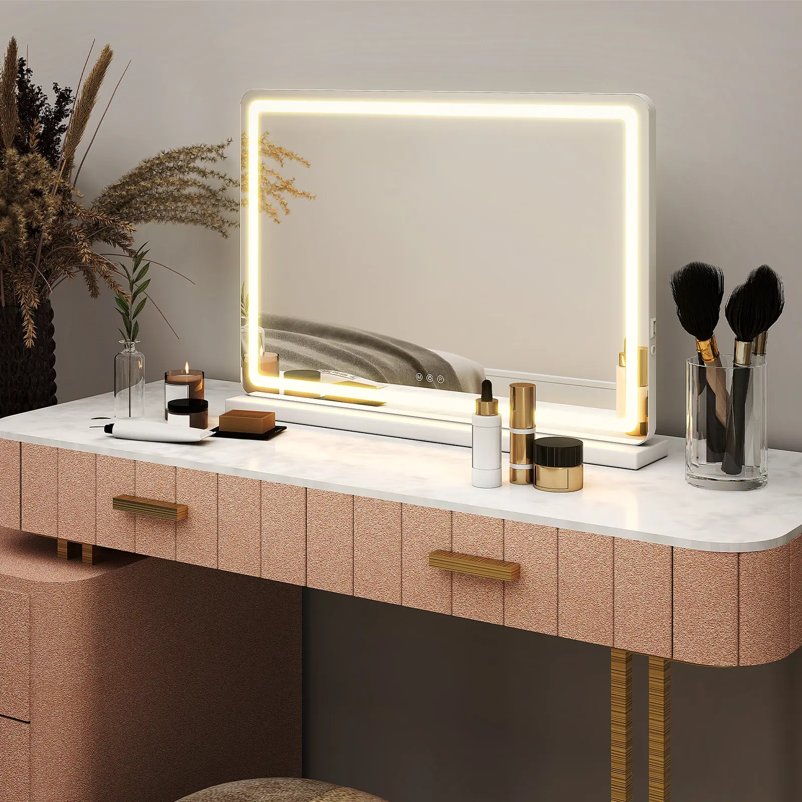 Vanity Mirror with Lights, LED Makeup Mirror with Dimmable 3 Color Modes, Touch Screen Control Vanity Based Mirror Desk Mirror Square White,dorm decor,dorm room decor