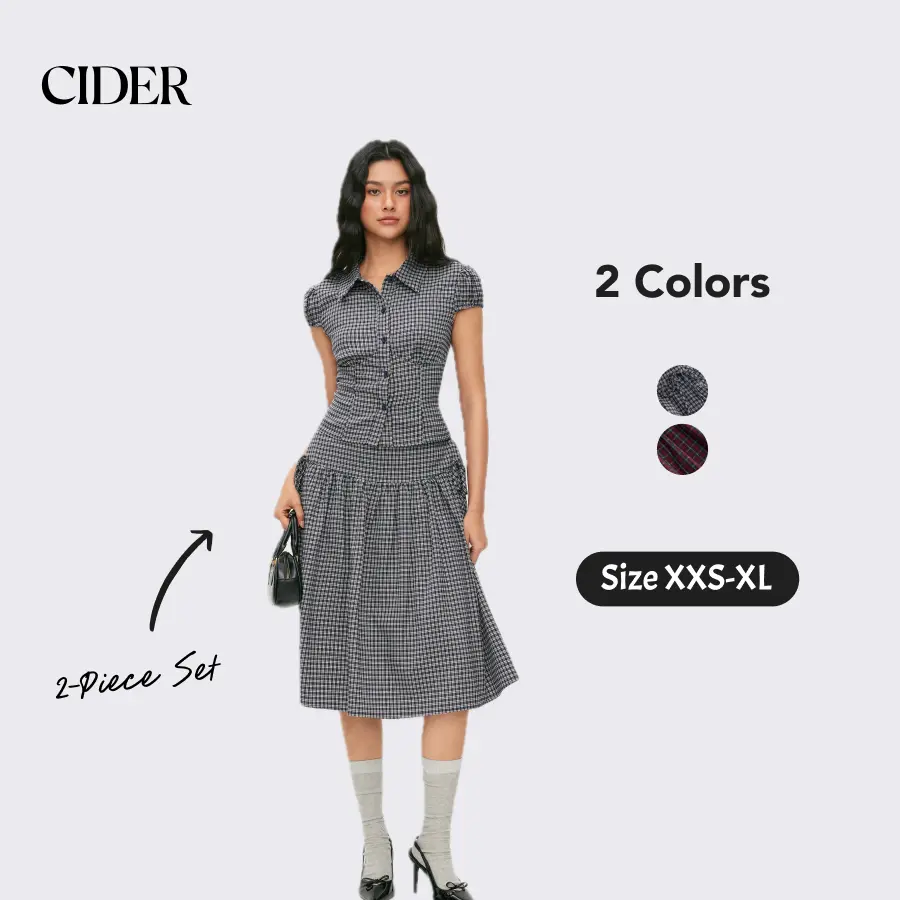 Cider Gingham Top & Low Rise Drawstring Ruched Midi Skirt Set SohoChic