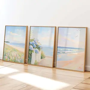 Set of 3 Pastel Coastal Wall Art / Summer Beach Print / Ocean Wildflowers / Blue Hydrangeas Painting / Beach House Decor / Preppy