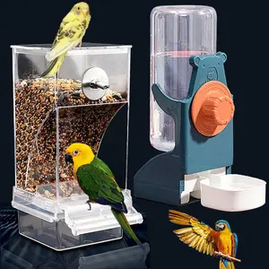 2Pcs No Mess Bird Water Feeder Dispenser Set Automatic Bird Feeder Transparent Food Container Cage Acrylic Parrot Feeders Accessories for Small Birds Parrot Cockatoo Canary