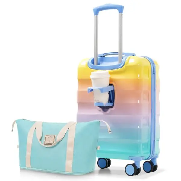 20 inch carry on luggage with cup holder - lightweight glossy hard shell luggage with rotating wheels, high TSA lock security, airline approved, 2-piece set, simple appearance, online appearance