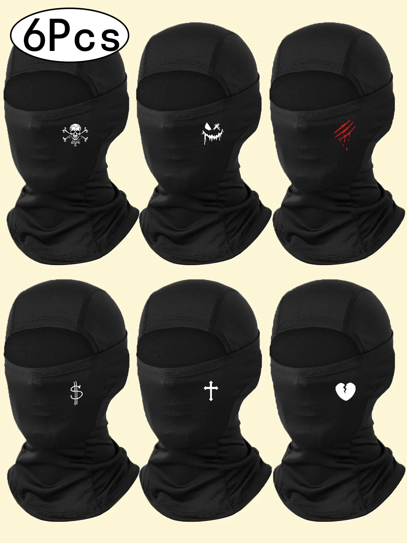 Set of 6 Breathable Full Face Cover Balaclava, Dustproof Windproof Outdoor Riding Mask, Creative Print Unisex Mask, Summer Motorcycle Protective Gear