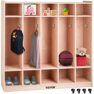 VEVOR Coat Locker,  , 5-Section Daycare Cubby Coat Rack 48×13×48 inch, Classroom Coat Locker and Backpack Hanger, with 5 Hooks and Storage Boxes, for Kindergarten & School, Natural