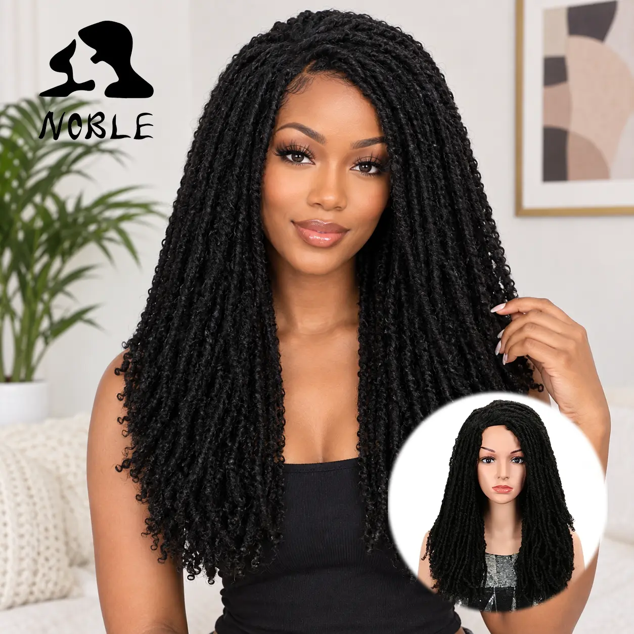 NOBLE Women's 22" Glueless Synthetic Lace Braiding Wig, Faux Locs Braids with Realistic Hairstyles, Natural Black for Party & Daily Wear