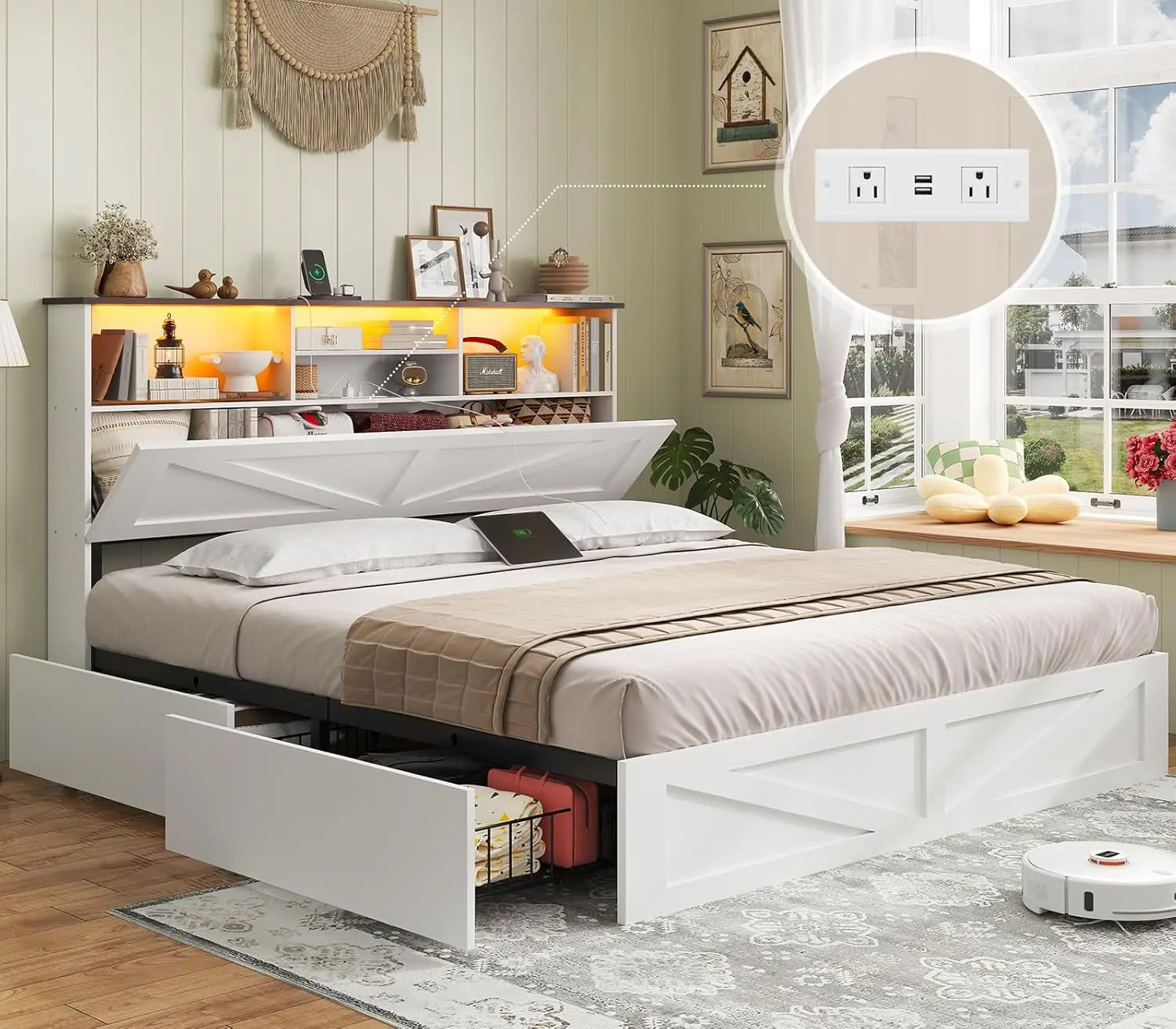 AOGLLATI Queen Bed Frame with Storage Bookcase Headboard and 4 Drawers,Wooden Farmhouse Led Bed Frame Queen Size with Charging Station & Metal Slats