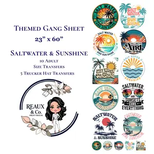 Saltwater & Sunshine Adult / Trucker Hat Combo Themed Gang Sheet 23x60 10 Adult Size Transfers 5 Kid Trucker Hat Transfers DTF Gang Sheet Ready to Press