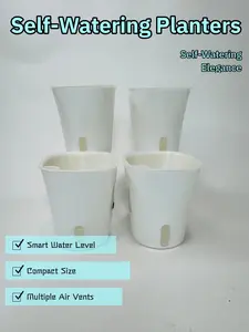3-inch White Premium Self-Watering Planter Pots with Water Level Indicator 4 Pack for Indoor Use Durable Plastic with Air Vents for Healthy Root Growth
