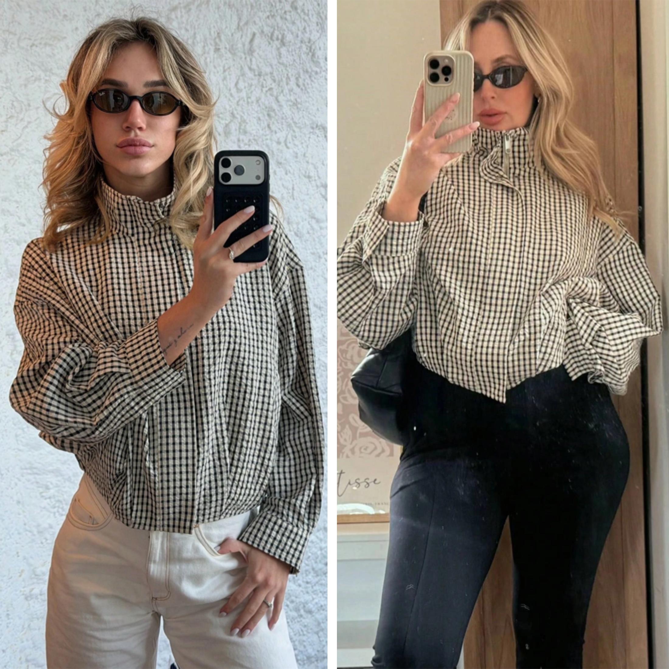 Wandal Women Stand High Neck Gingham Blouse, Oversized Balloon Long Sleeve Vintage Checkered Shirt, Loose Casual Woven Plaid Top