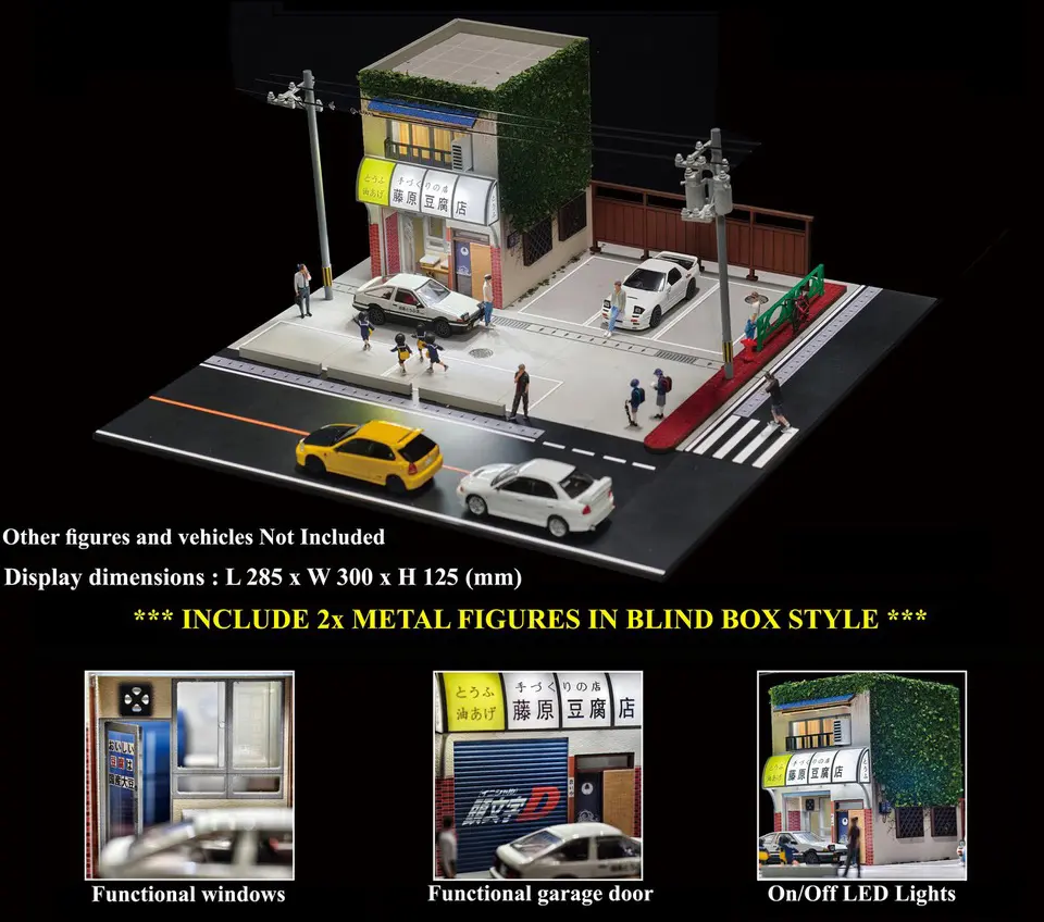American Diorama AD x G-Fans ToFu Shop Diorama Display with LED Lights, Functional Garage Door, Windows 2 Metal Figures Ramdoly Insert (Blind Box Style), 1:64 Scale Model