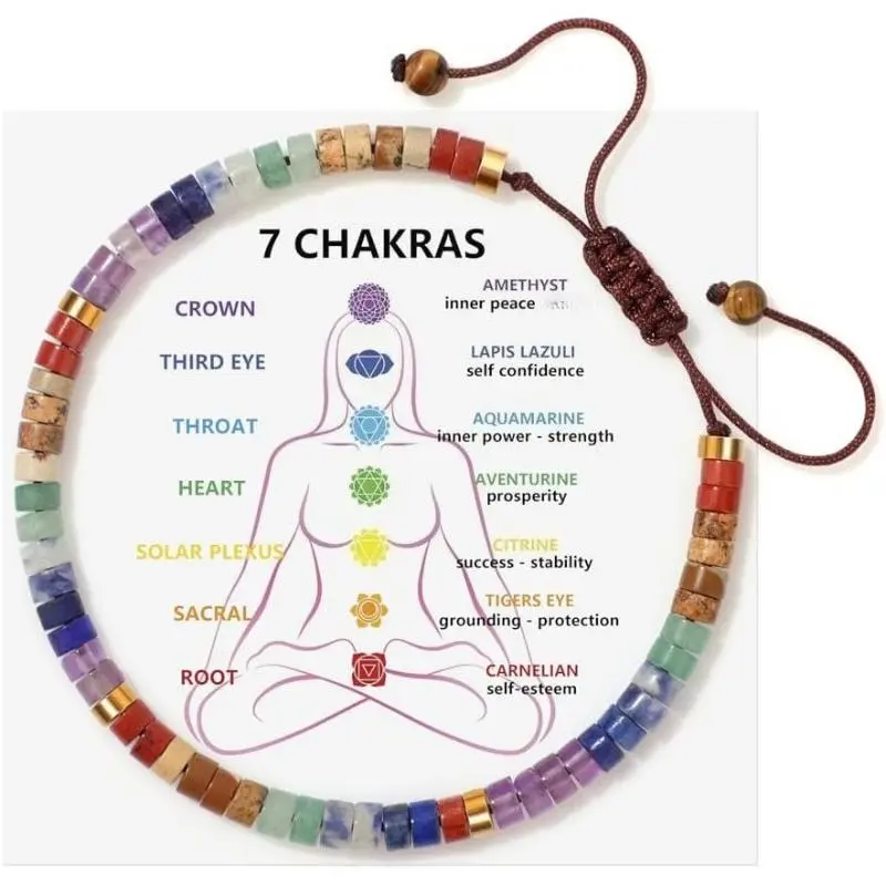 7 Chakra Crystal Bracelet | Energy Balancing Healing Bracelet | Black Agate / Barrel Bead Style | Yoga Meditation Sleep Aid Jewelry
