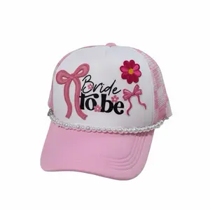 Bride to Be Trucker Hat with Pearl Trim and Floral Embroidery Pink and White Baseball Cap for Bridal Party