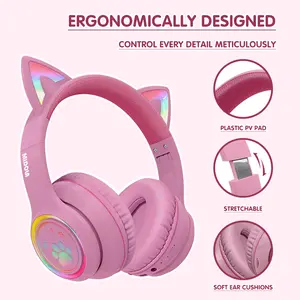 2026 new children's earphones, cute cat ear design + colorful lights!45-Hour long-life Bluetooth headset, headset design with soft ear pads, no pain even if worn for a long time - safe children's headset kid Cat-Ear Wireless Stereo Headphones