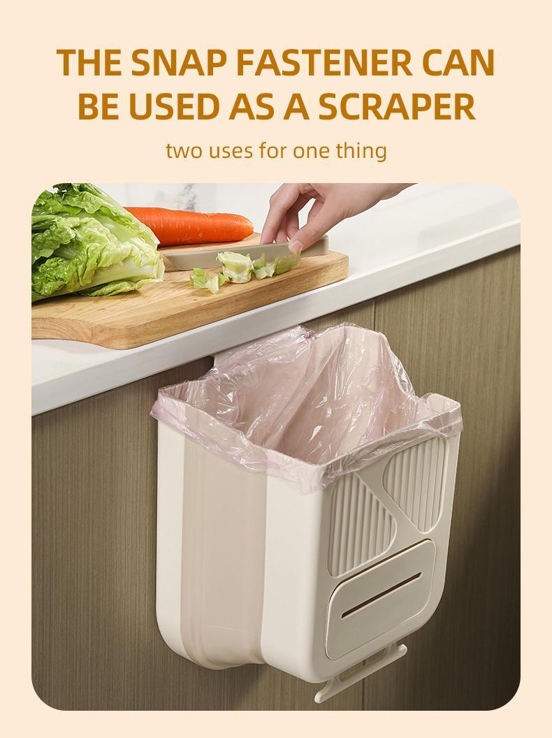 Foldable hanging kitchen trash can for cabinet doors, ideal for food scraps and kitchen waste. Foldable trash can for RVs/bathrooms/cars—space-saving trash can.