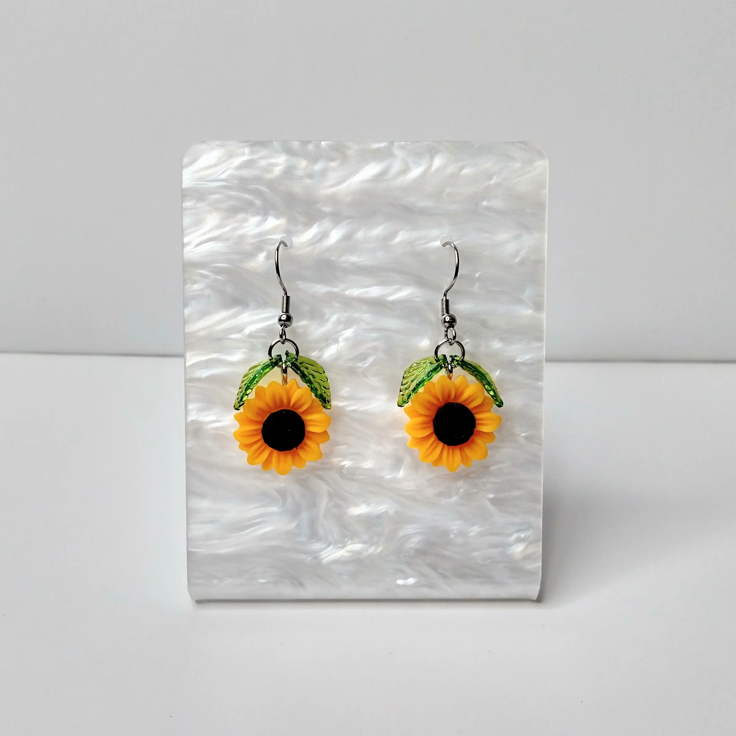 #551 Sunflower with Green Leaves Earrings, Casual Spring Summer Jewelry