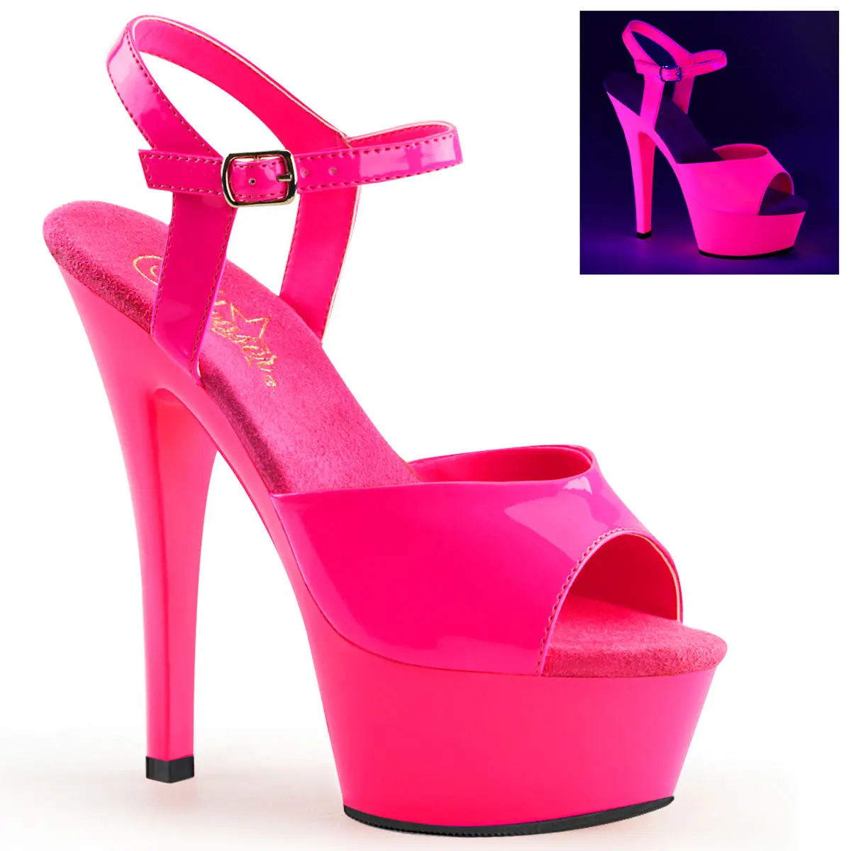 Pleaser Kiss-209UV Women's Neon Platform Sandals, UV Reactive Open-Toe Statement Shoes with an Adjustable Ankle Strap, Adjustable Ankle Strap Women's Heeled Sandals, Pleaser Heels, 6 In, Fashionable Heeled Sandals, High Heels Sandals
