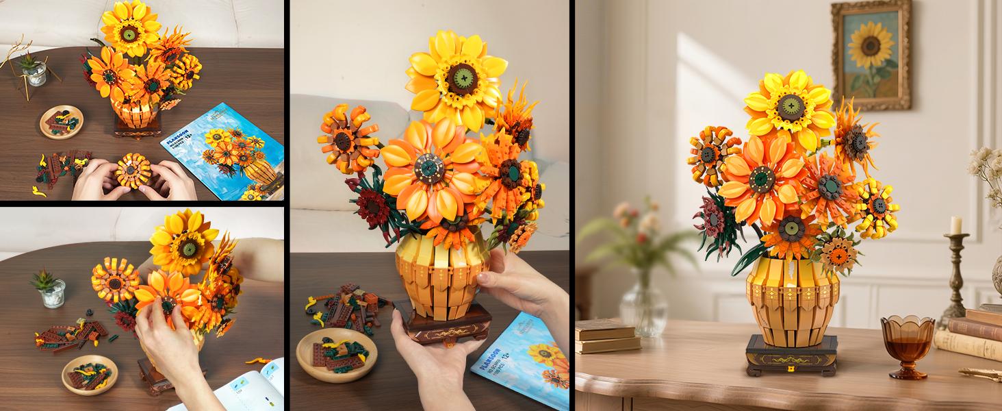 Sunflower Building Set with Lights Vase Base, Flowers Botanical Collection Building Block Home Decor, 1180PCS Art Flower Bouquet Bonsai Plant Building Kit Gift for Adults Teens Girls Boys 12+