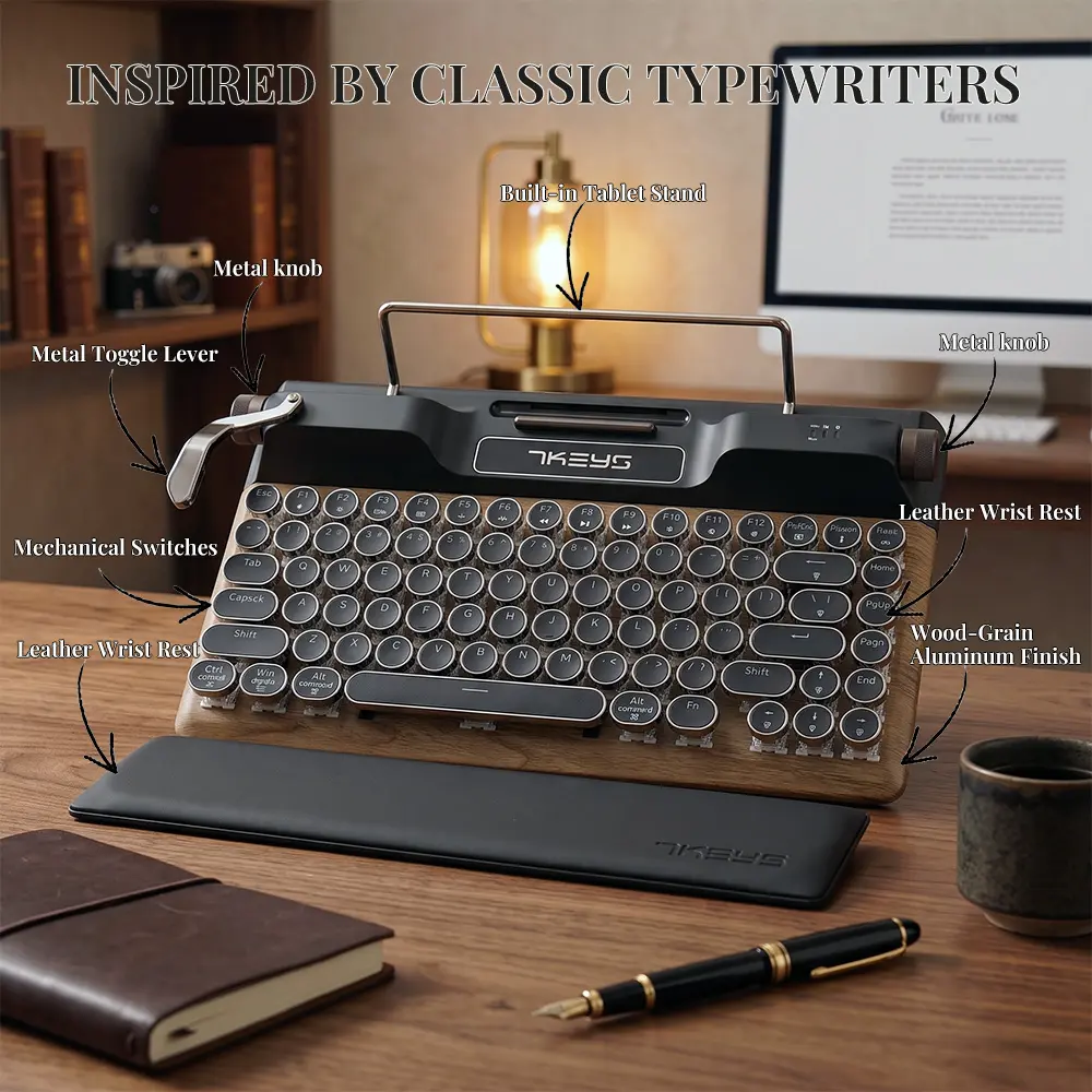 7KEYS Retro Typewriter Keyboard , Vintage Mechanical Bluetooth 5.0, Wooden Punk Round Keys, Ergonomic Leather Wrist Rest, RGB Light Control, Compatible with PC Laptop Mac iPad tiktokshopbacktoschool,back to school,back to school haul