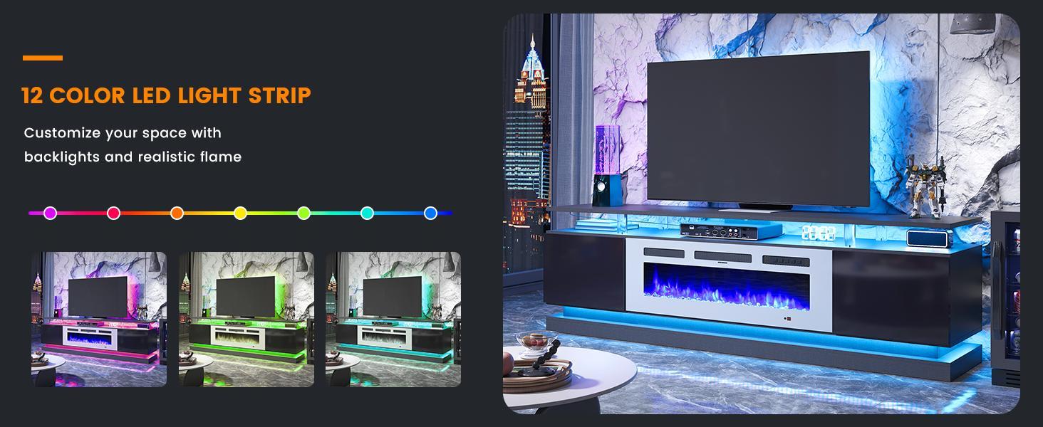 【2 Packages Shipping】oneinmil 70" Floating TV Stand with 36" Electric Fireplace High Gloss Finish Wall Mounted Entertainment Center for TVs Up to 80" Black TV Stand and Black Fireplace with Adjustable Flame & RGB Light Strips