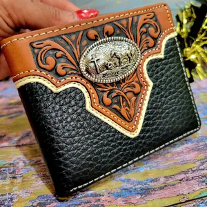 Praying Cowboy Western wallet regalo para hijo black and tan genuine leather short bi-fold concho and embossed leather with religious theme