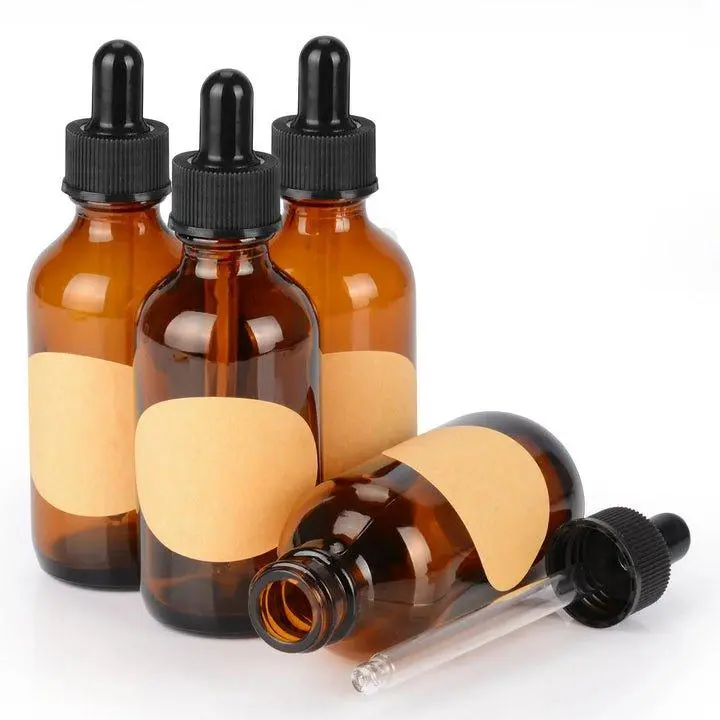 stonylab Ribbed Round Eco-Friendly Glass Amber Dropper Bottles, Rubber Dropper with Inner Plug & Labels, 15-120 ml Reusable Storage Jars for Perfume (Home Organizer Supplies)