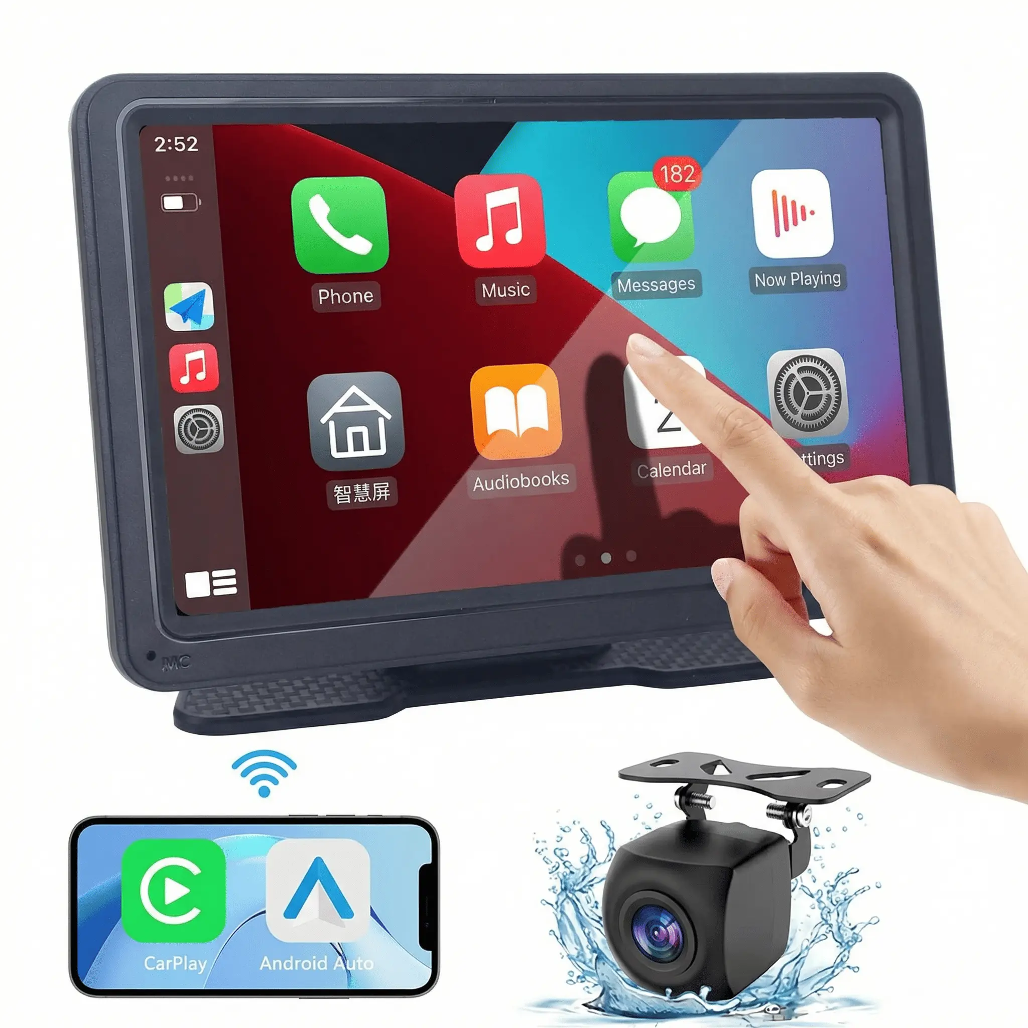 【FOZETOP】2026 Portable Wireless CarPlay Screen, 7-inch IPS Touchscreen, Apple CarPlay & Android Auto, FM Radio, Bluetooth, WiFi Multimedia Player, Rear Camera & AUX Support, Compatible with iPhone & Android