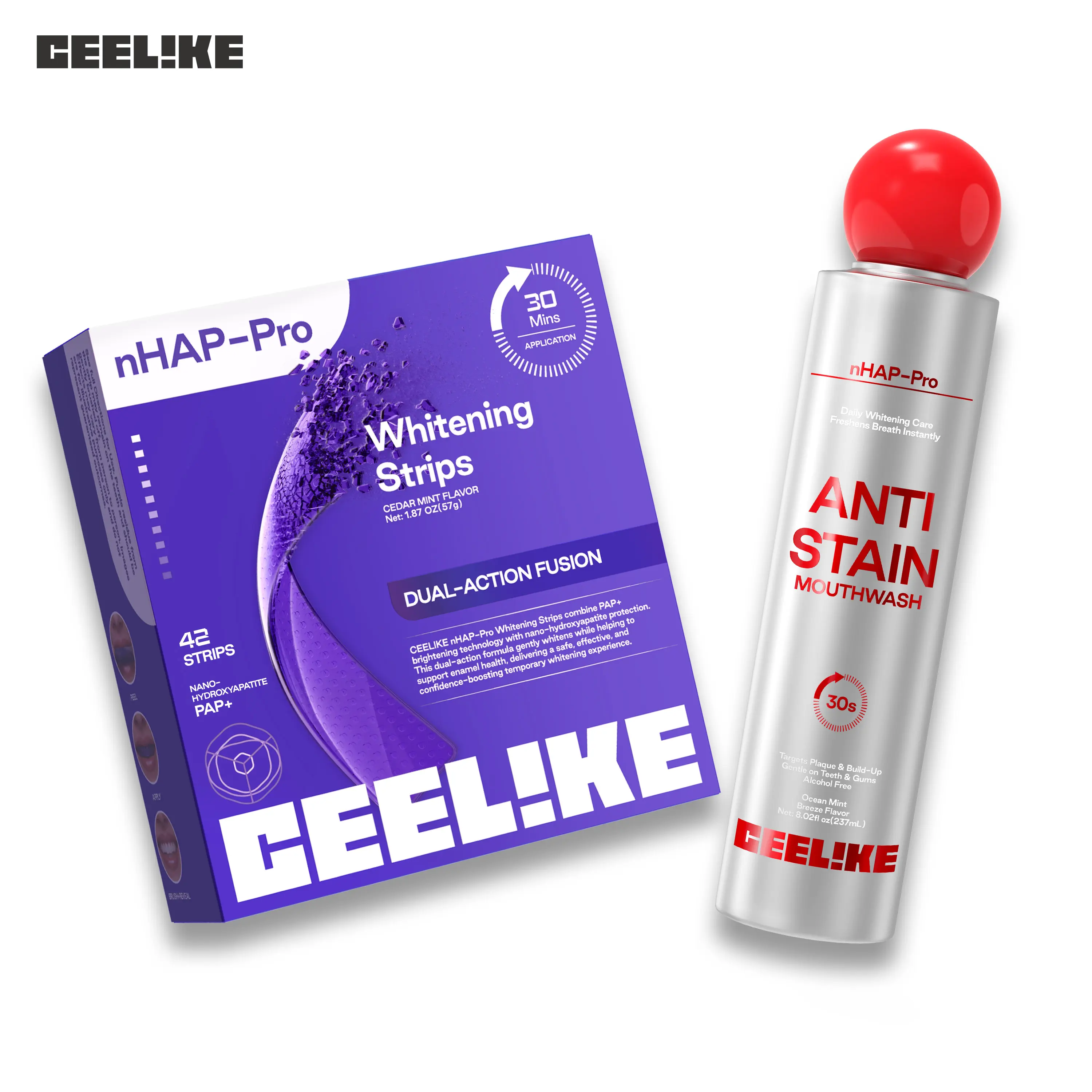 CEELIKE Teeth Whitening Kit – Purple Whitening Strips (7/21 Treatments) + Whitening Mouthwash, Enamel-Safe, Peroxide-Free & Fresh Breath