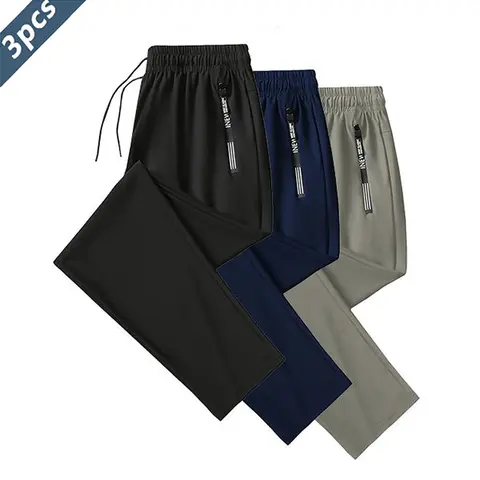 Men's 3-Pack Male Ice Silk Stretch Plain Sports Pants - Elastic Waistband, Casual, Mid Waist, Lightweight, Breathable, Quick-Drying, Skin-Friendly Smooth Fabric, Drawstring, Zipper Pockets, Machine Washable, Dry Clean Option, Ideal for Summer Fitness