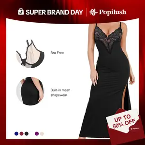 Popilush Formal Lace Built-in Shapewear Set Womenswear Sleeveless Deep V-Neck Maxi Dress Birthday Dress or Wide Leg Jumpsuit Tummy Control Cocktail Party