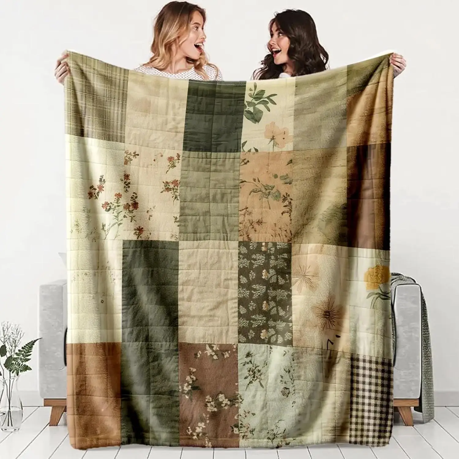 Vintage Muted Green Brown Botanical Floral Plaid Grid Patchwork-sty Print Flannel Blanket Soft Plush Warm Throw Blanket, Neutral Cottagecore Dried Flower Quilted Decorative Couch Bedroom Nap Blanket, Giftable Earth Tone Farmhouse Comfort Blanket