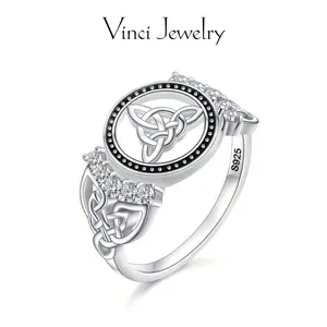 925 Sterling Silver Vintage Celtic Knot Ring with Cubic Zirconia Decorated Victorian Vintage Silver Ring for Women Men, Protection Pagan Jewelry Suitable for Daily Wear