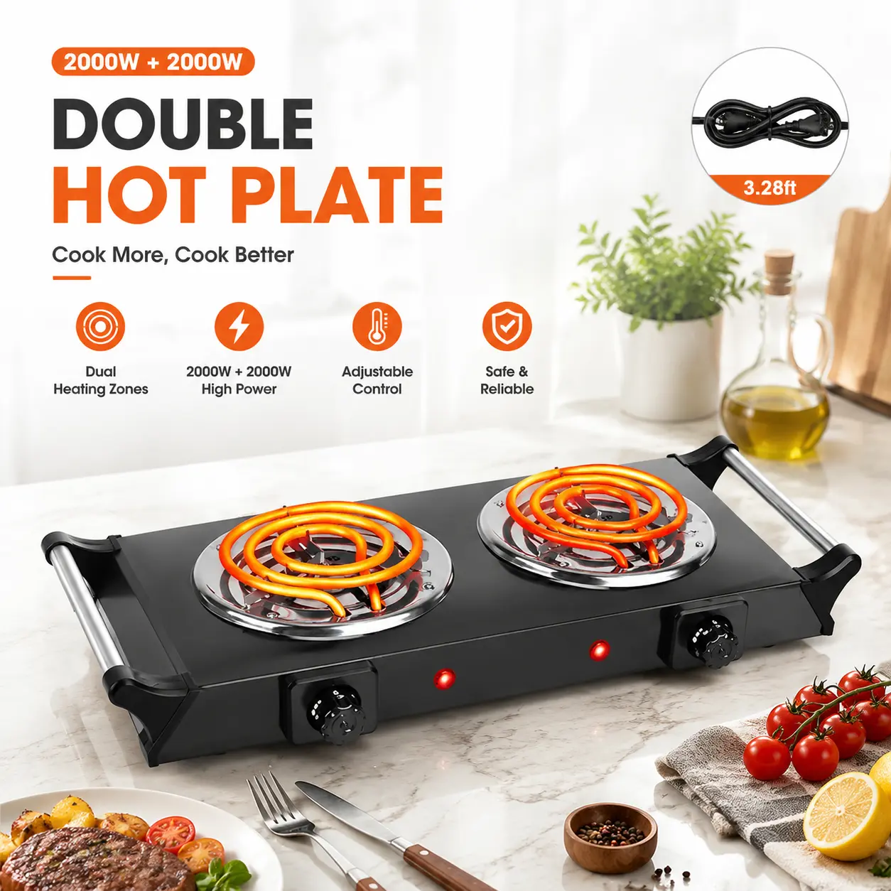 Portable Countertop Double Burner Electric Cooker, 2000W Hot Plate with Iron Body, 5-Level Temp Control for Camping, RVs-4271, Compact, Coil