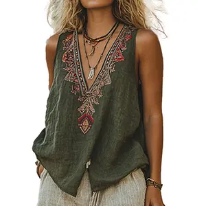 Chvity Mexican Embroidered Tops for Women Summer Floral Sleeveless Boho Tops Casual V Neck Peasant Blouse Loose Tank Tops Vneck Womenswear
