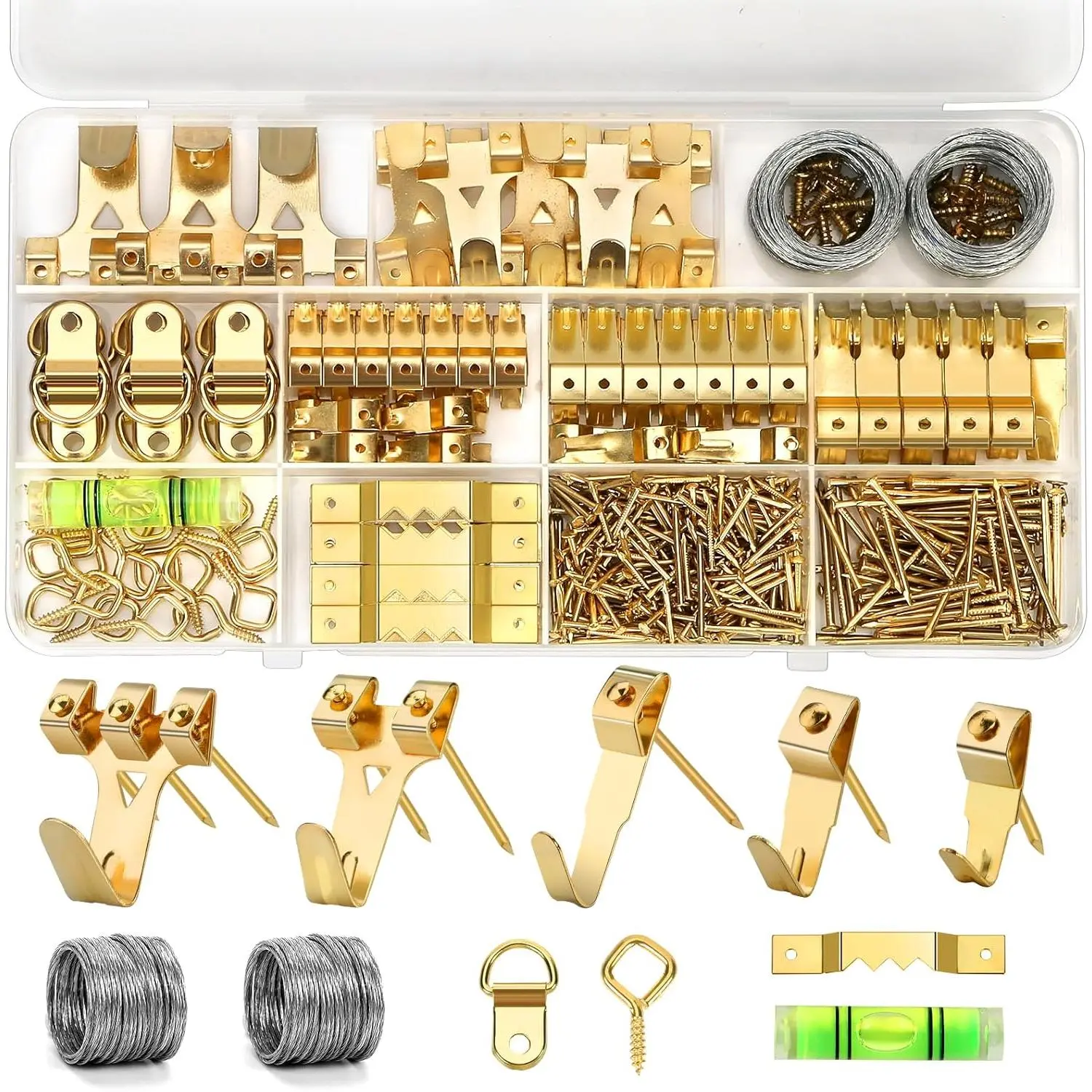 322 count Picture  Kit, Professional Picture Hangers with Hooks, Nails, Wire, D Rings, Sawtooth Hangers ,Eye Hooks and Level--in- Wall  Kit for Frames, Mirrors, Photos & Art