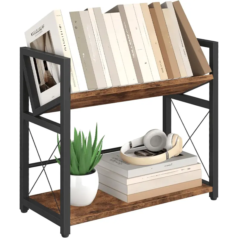 Brown Rectangular 2-Tier Desktop Bookshelf - Single Unit Wooden Tabletop Bookcase, Home Supplies Storage & Display Rack, for Room Decor, Office Accessories, Shelves for Bedroom Small Spaces