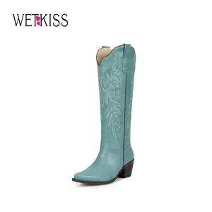 Wetkiss Cowboy Boots for Women Knee High Cowgirl Boots with Chunky Low Heel and Pointed Toe, Womens Retro Embroidered Western Boot for Concert Party Festival Event #Summervibes #TikTokShopStockUp