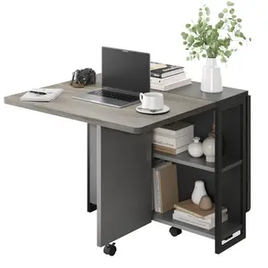 Folding Dining Table, Spacing Saving Expandable Dinner Table with Wheels, Multifunctional Drop Leaf Extension Table with 2 Tier Storage Shelves for for Kitchen, Living Room, Light Brown+White