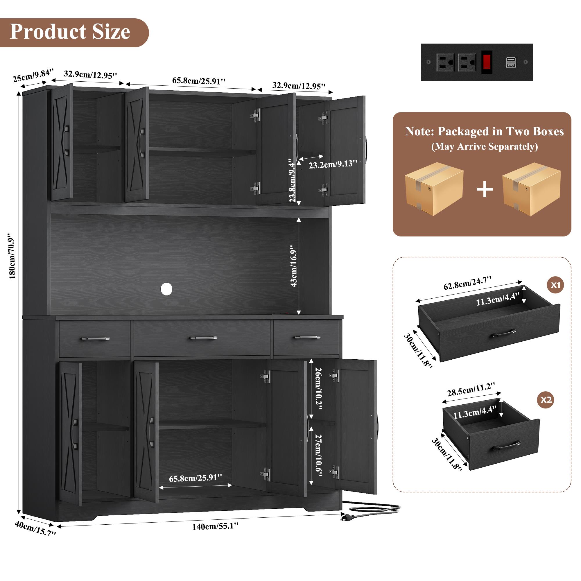 【2 packages shipping】HOSTACK 71" Tall Kitchen Pantry Storage Cabinet with Charging Station, Large Countertop, Farmhouse Food Pantry with 3 Storage Drawers
