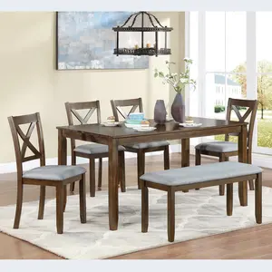 6 Piece Kitchen Dining Set, Rectangular Wooden Dining Table with 4 Upholstered Chairs and a Bench, Dining Table Set for 6 People, Living Room, Home Bar and Kitchen