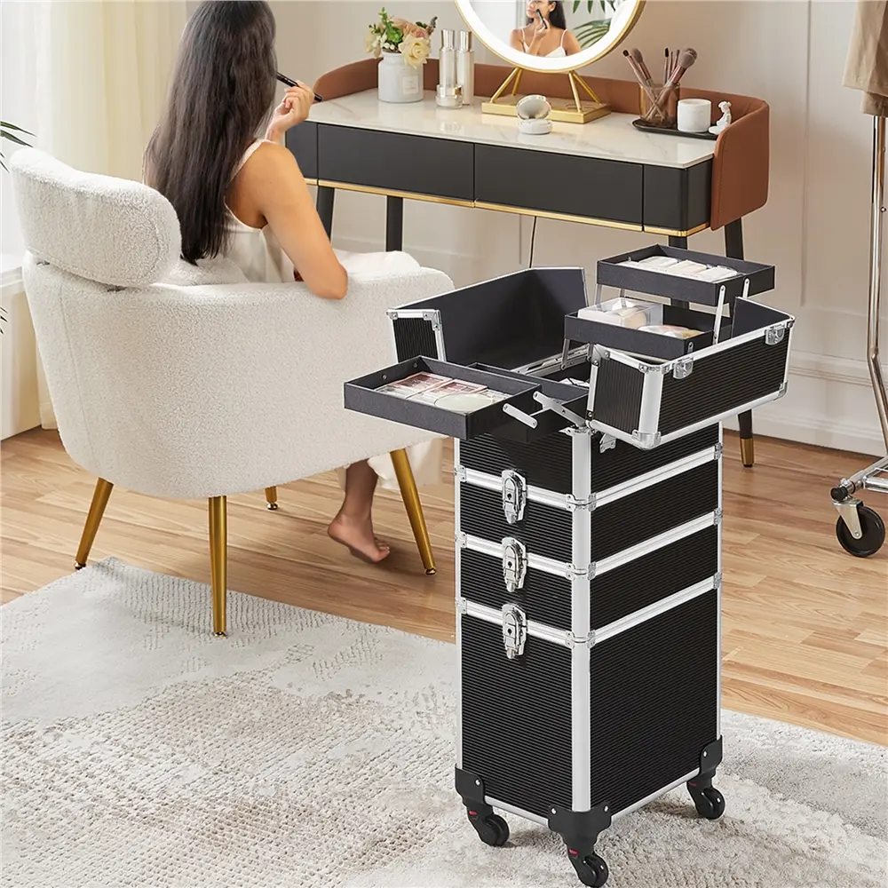 Costoffs 5-in-1 Professional Makeup Train Case - Extra-Large 4-Tiered Aluminum Makeup Storage Organizer with Lid, Plastic Components, Steel Accents, Wheels, Handle, Black