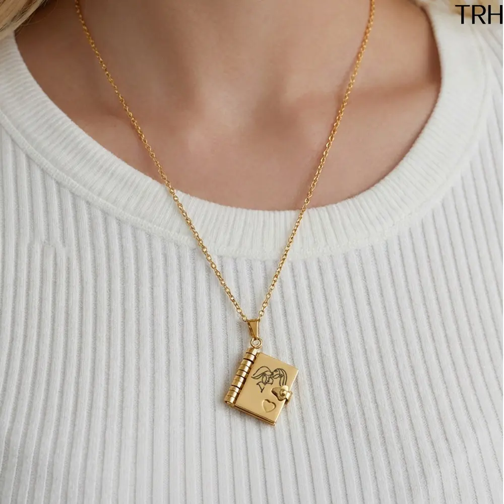 Women's Engraved Open Book Locket Necklace - Gold-Tone Dainty Adjustable Pendant with Heart Detail, Memorial Jewelry, Gifts for Women, Thoughtful Present for Mom, Birthday & Everyday Wear, Women Gifts