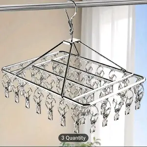 20/30/40-pocket Stainless Steel Sock Drying Rack with Windproof Rotating Hooks, Stainless Steel Sock Hangers, Foldable Multi-pocket Clothing Drying Rack, Laundry Rack, Suitable for Essential Household Accessories, Clothes Pins