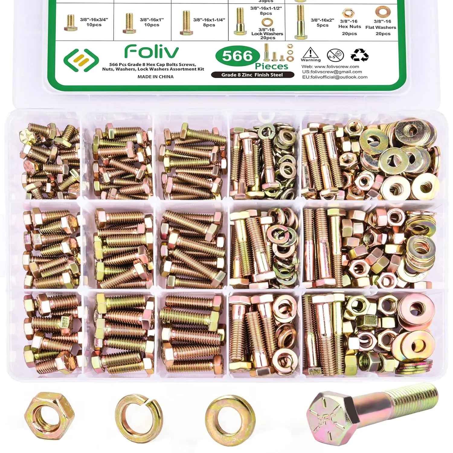 FOLIV 566Pcs Heavy Duty Bolts and Nuts Assortment Kit, Grade 8 Hex Screws Bolts Nuts Kit, 1/4-20 5/16-18 3/8-16, 15 Common Sizes Included bow go Telescoping Magnetic Christmas & New Year Gift Ideas Hardware