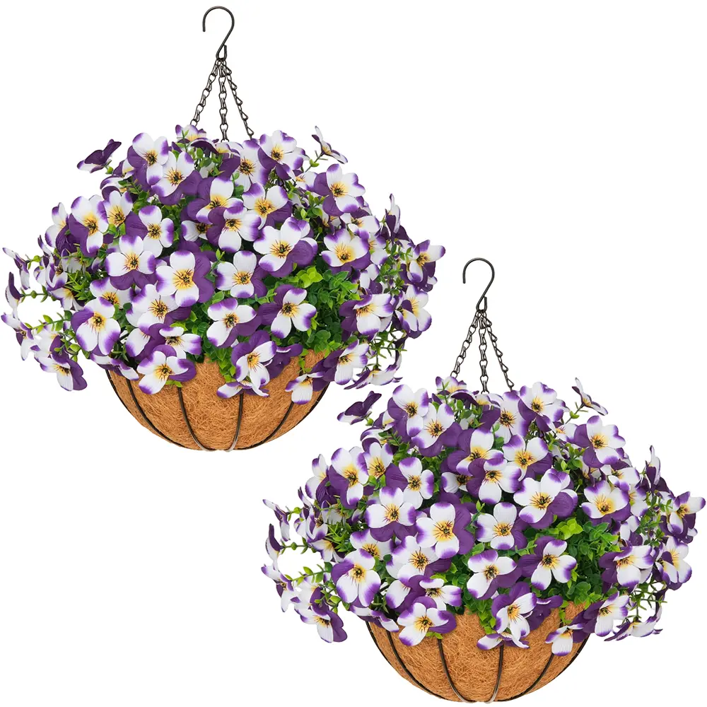 2 Pcs Artificial pansy hanging plant basket, perfect for summer outdoor decoration, made of realistic silk material, UV-resistant, featuring vibrant daisies and eucalyptus leaves, suitable for porches, homes, patios, balconies, and gardens. tiktokshopspri